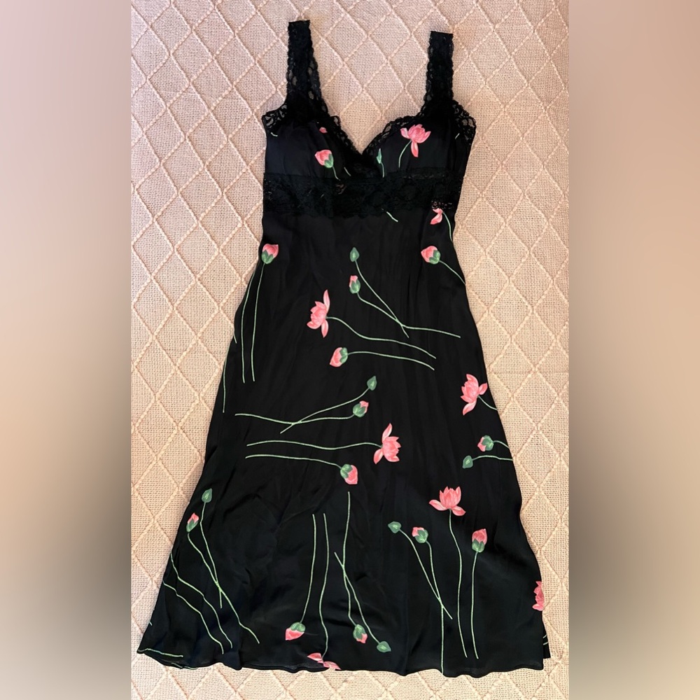 MED Betsey Johnson Vintage Midi Slip Dress 90s Floral Cocktail Party rayon Y2K